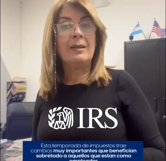 Image of Claudia from America Tax & Accounting, Corp. speaking to the camera in her office. In the foreground there's a banner with a sentence about the changes in 2026 to taxable income especially regarding tips and overtime.