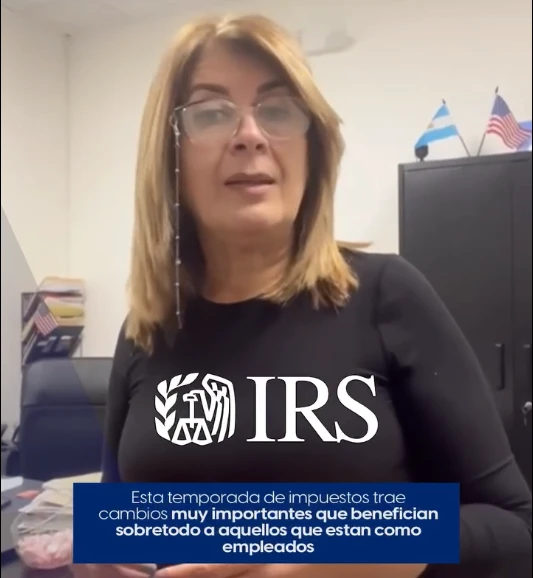 Image of Claudia from America Tax & Accounting, Corp. speaking to the camera in her office. In the foreground there's a banner with a sentence about the changes in 2026 to taxable income especially regarding tips and overtime.