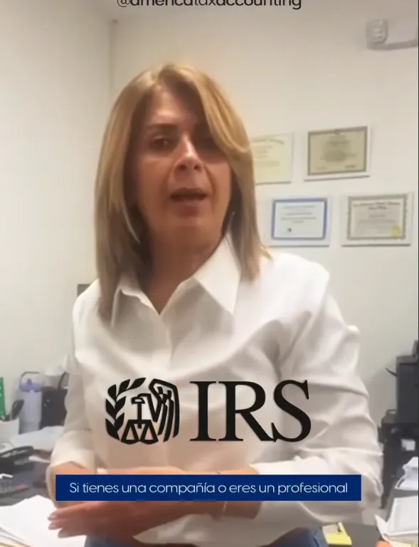 Image of woman speaking into camera. There's an IRS logo on the foreground. The woman is wearing a white business shirt.