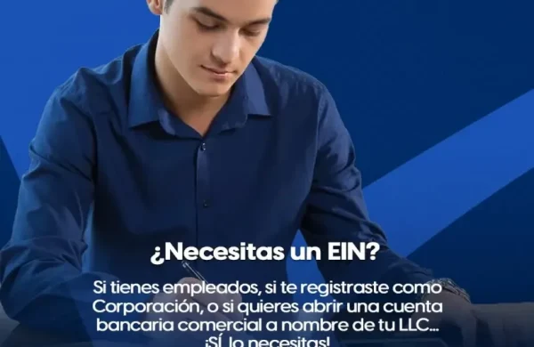 Image of a man sitting on a desk filing out an application for an Employer Identification Number (EIN). On the foreground there are the following printed "Do you Need an EIN? If you have employees, registered as a corporataion, or want to open a corporate bank account, you will need one! - Contact America Tax & Accounting Corp. at 305 900 9225"