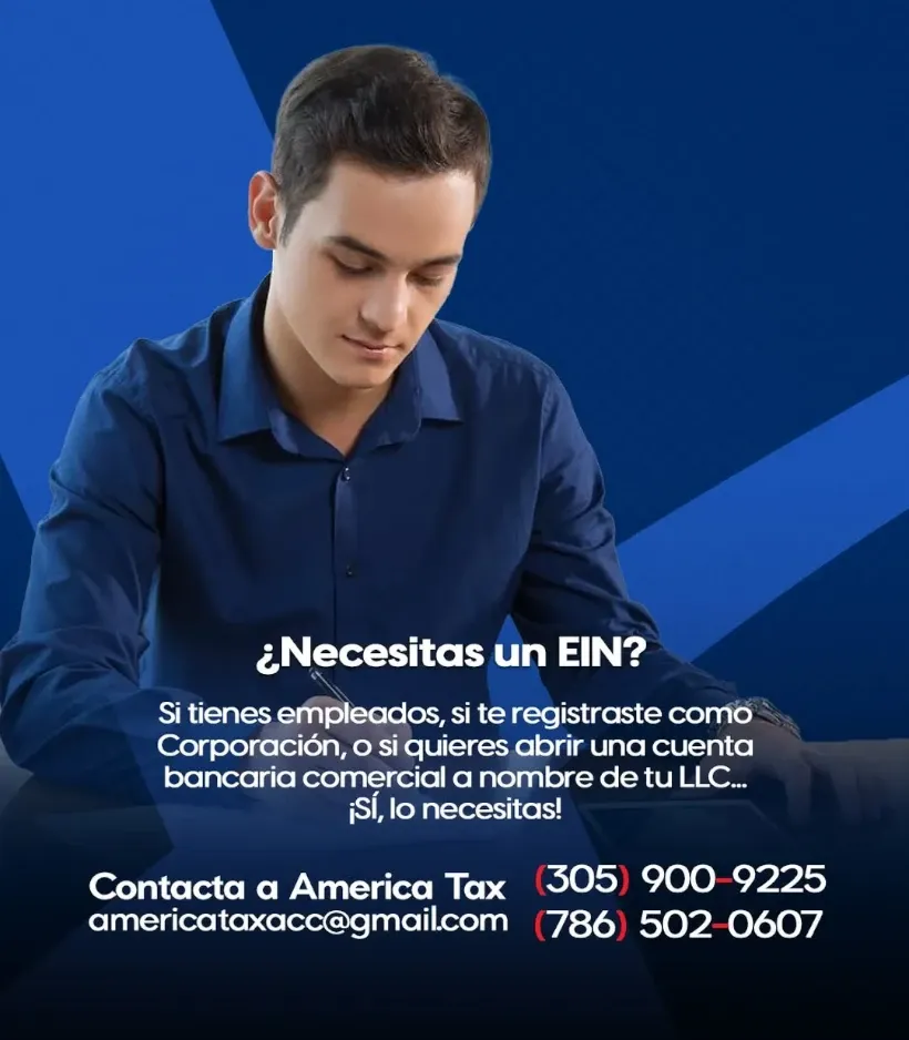 Image of a man sitting on a desk filing out an application for an Employer Identification Number (EIN). On the foreground there are the following printed "Do you Need an EIN? If you have employees, registered as a corporataion, or want to open a corporate bank account, you will need one! - Contact America Tax & Accounting Corp. at 305 900 9225"