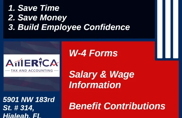 Info graphic of Corporate Payroll Services offered by America Tax & Accounting, Corp. in Hialeah/Miami Gardens area and internationally. These services bring forth time & money savings and help build employee confidence through accuracy.