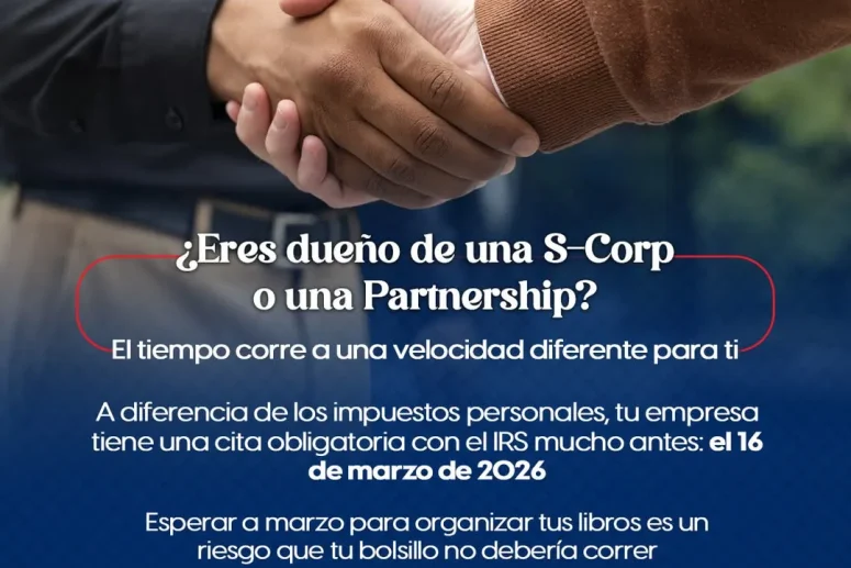 Imagen de dos hombres estrechándose la mano frente a una oficina. Solo se ven sus manos. Uno lleva puesto un suéter azul marino oscuro, mientras que el otro lleva un suéter de color beige. En el primer plano inferior aparecen letras impresas con el siguiente texto: "¿Tiene una corporación? Los plazos de impuestos corporativos son diferentes para usted. A diferencia del impuesto sobre la renta personal, su corporación tiene un plazo ante el IRS que vence el 16 de marzo. Esperar hasta marzo para organizar su contabilidad representa un riesgo para su presupuesto que podría evitarse. americataxacc@gmail.com (305) 900-9225 (786) 502-0607"