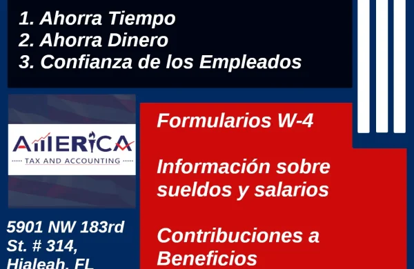 Infografía de los servicios de nómina corporativa que ofrece America Tax & Accounting, Corp. en el área de Hialeah/Miami Gardens y a nivel internacional. Estos servicios permiten ahorrar tiempo y dinero, además de fomentar la confianza de los empleados gracias a la precisión.