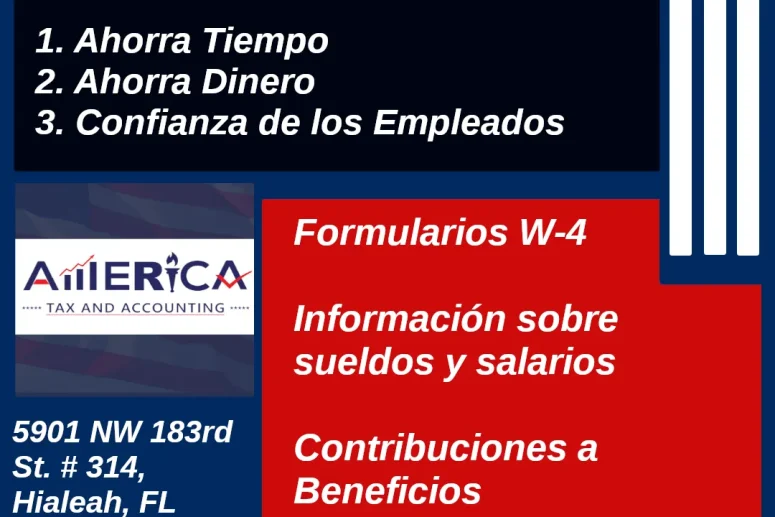 Infografía de los servicios de nómina corporativa que ofrece America Tax & Accounting, Corp. en el área de Hialeah/Miami Gardens y a nivel internacional. Estos servicios permiten ahorrar tiempo y dinero, además de fomentar la confianza de los empleados gracias a la precisión.