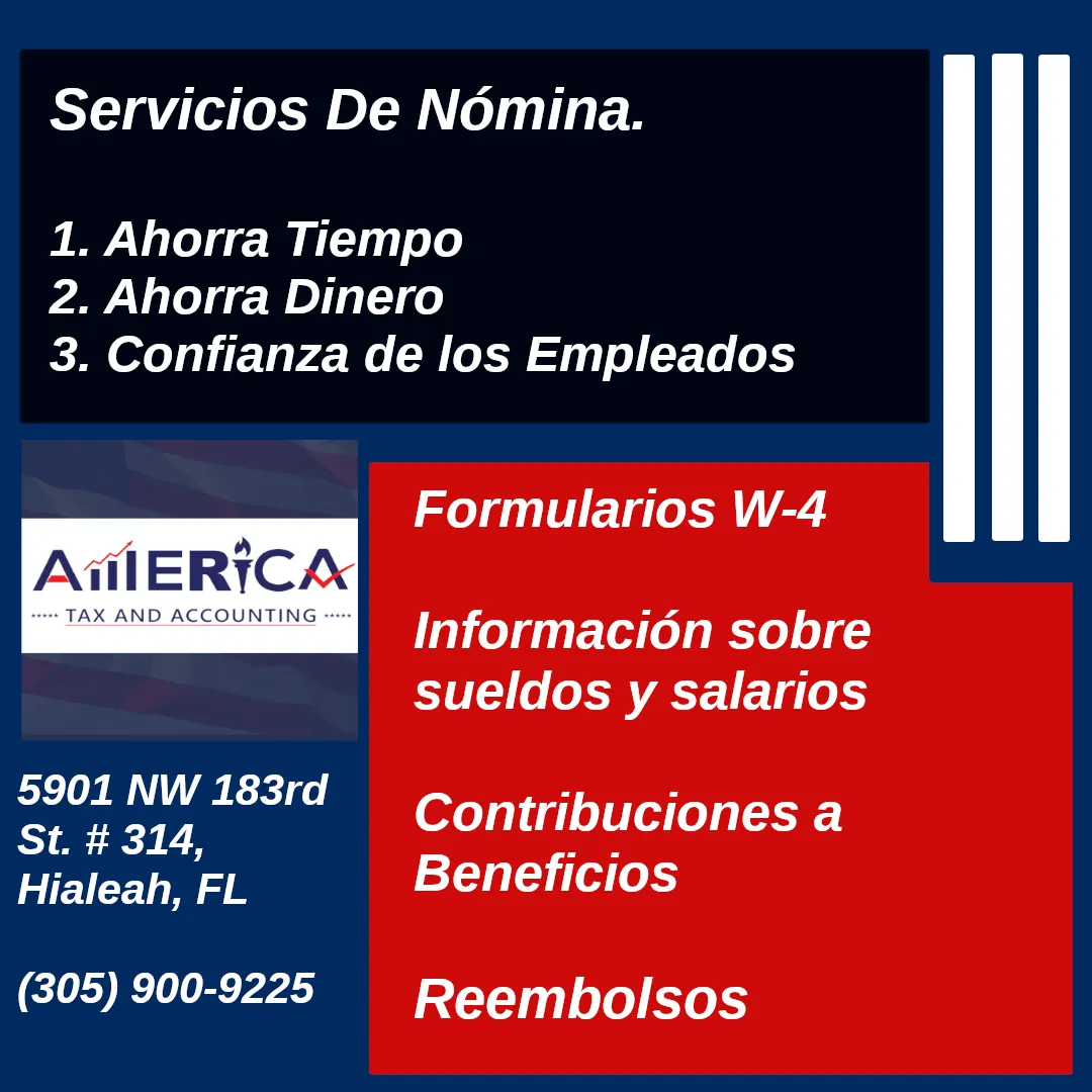 Infografía de los servicios de nómina corporativa que ofrece America Tax & Accounting, Corp. en el área de Hialeah/Miami Gardens y a nivel internacional. Estos servicios permiten ahorrar tiempo y dinero, además de fomentar la confianza de los empleados gracias a la precisión.